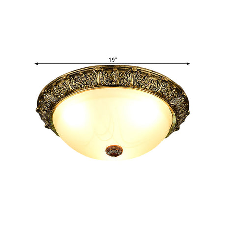 Dome Shaped Rustic Flush Mount Lighting With Opaline Glass In White/Brass - Available 11/15/19 Sizes