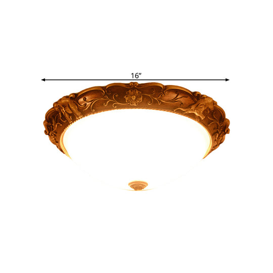 Rustic Opaline Glass Flush Lamp With Elephant Trim And Carving Flower - 16/19.5 W 3-Bulb Ceiling