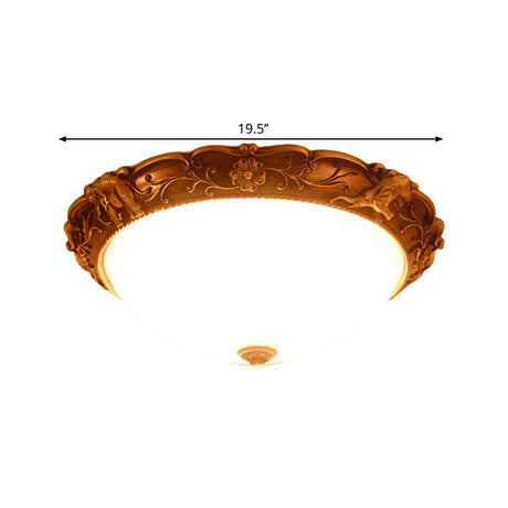 Rustic Opaline Glass Flush Lamp With Elephant Trim And Carving Flower - 16’/19.5’ W 3 - Bulb