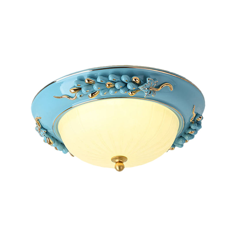 12’/14’ Blue Led Ceiling Flush Mount With Antiqued Opal Glass Floral Design Warm/White Light