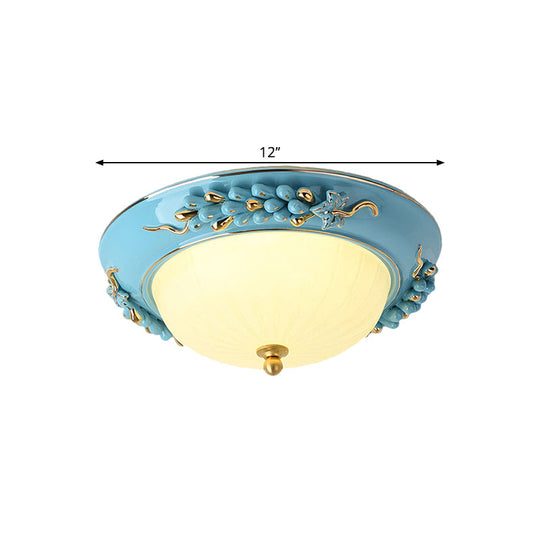 12’/14’ Blue Led Ceiling Flush Mount With Antiqued Opal Glass Floral Design Warm/White Light