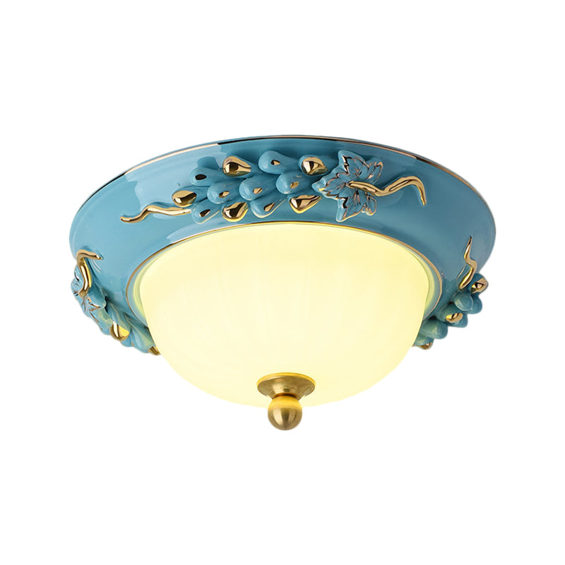 12’/14’ Blue Led Ceiling Flush Mount With Antiqued Opal Glass Floral Design Warm/White Light