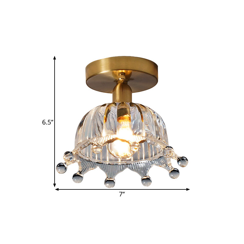 Antiqued Brass Fluted Glass Semi Mount Ceiling Light With Inverted Crown Design