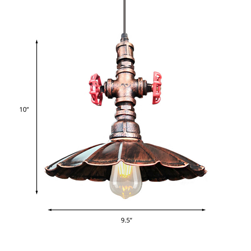 Rustic Brass Scalloped Ceiling Pendant Light With Pipe And Valve