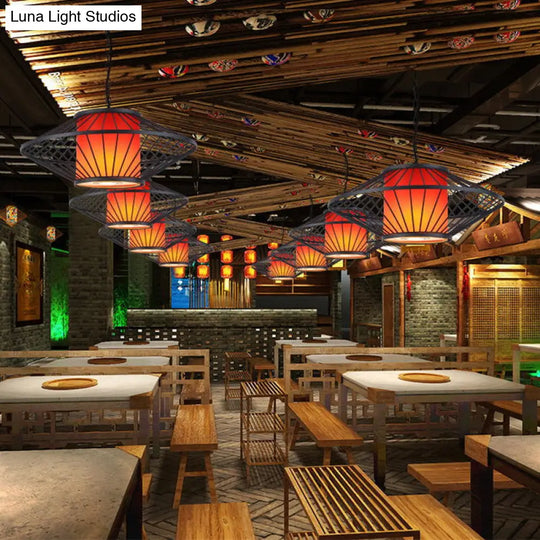16/19.5/23.5 Single Fabric Pendulum Pendant Ceiling Lamp - Red/Yellow Cylindrical Design With Black