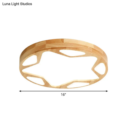 16/19.5 Minimalist Wood Led Ceiling Light With Star Design In Warm/White/Natural - Beige Flush Lamp