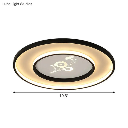 16/19.5 Modern Round Flush Mount Acrylic Led Ceiling Light Fixture In Black With Flower Pattern