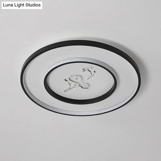 16/19.5 Modern Round Flush Mount Acrylic Led Ceiling Light Fixture In Black With Flower Pattern