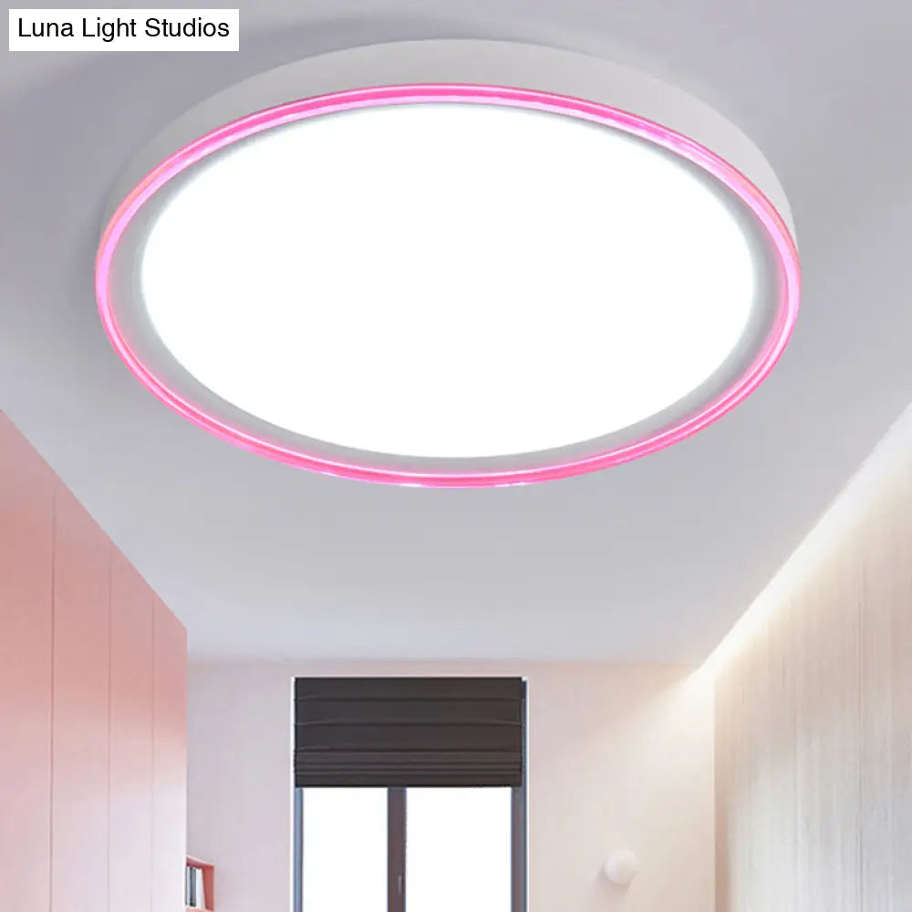 16/19.5 Nordic Metal Round Flush Light With Acrylic Shade - White/Pink/Yellow Led Ceiling Fixture