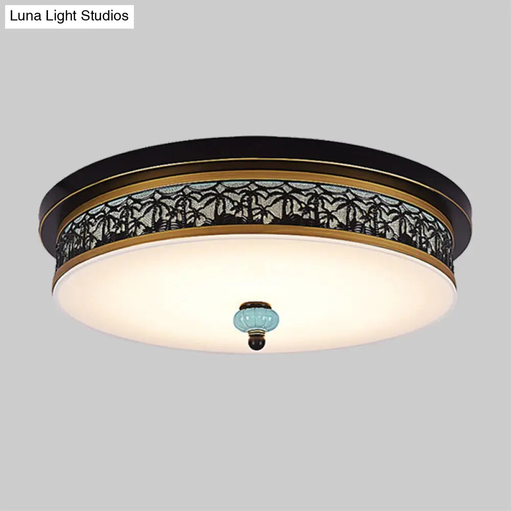 16 - 19.5 W Led Flush Mount Ceiling Light Fixture | Black-Gold Opal Glass Drum Dining Hall