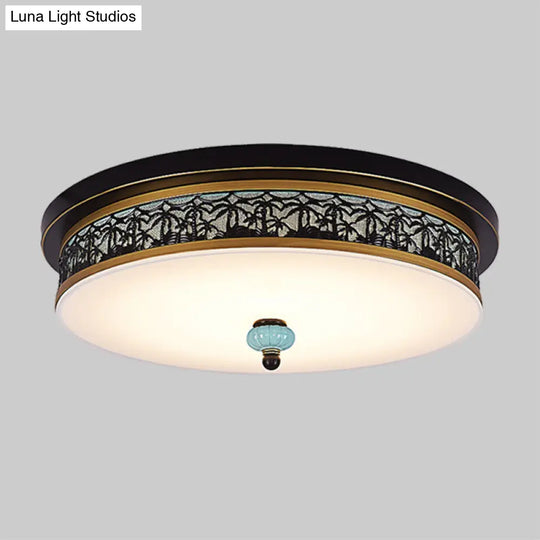 16’ - 19.5’ W Led Flush Mount Ceiling Light Fixture | Black - Gold Opal Glass Drum Dining Hall