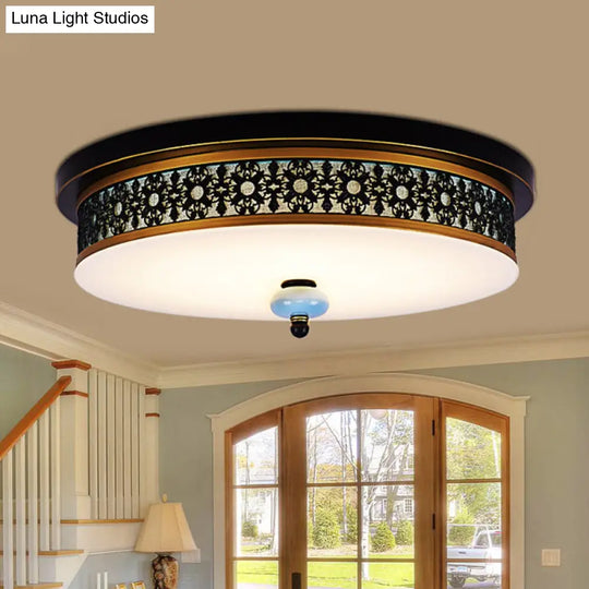16’ - 19.5’ W Led Flush Mount Ceiling Light Fixture | Black - Gold Opal Glass Drum Dining Hall