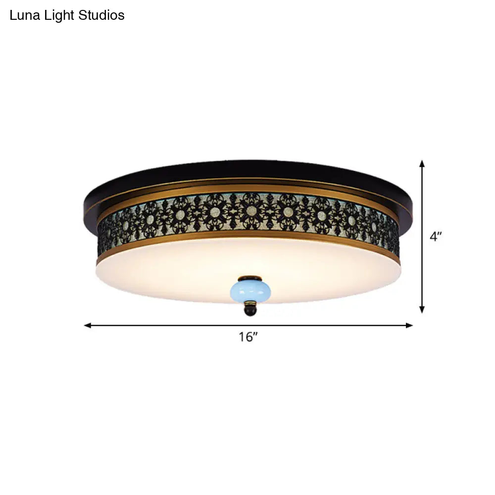 16 - 19.5 W Led Flush Mount Ceiling Light Fixture | Black-Gold Opal Glass Drum Dining Hall