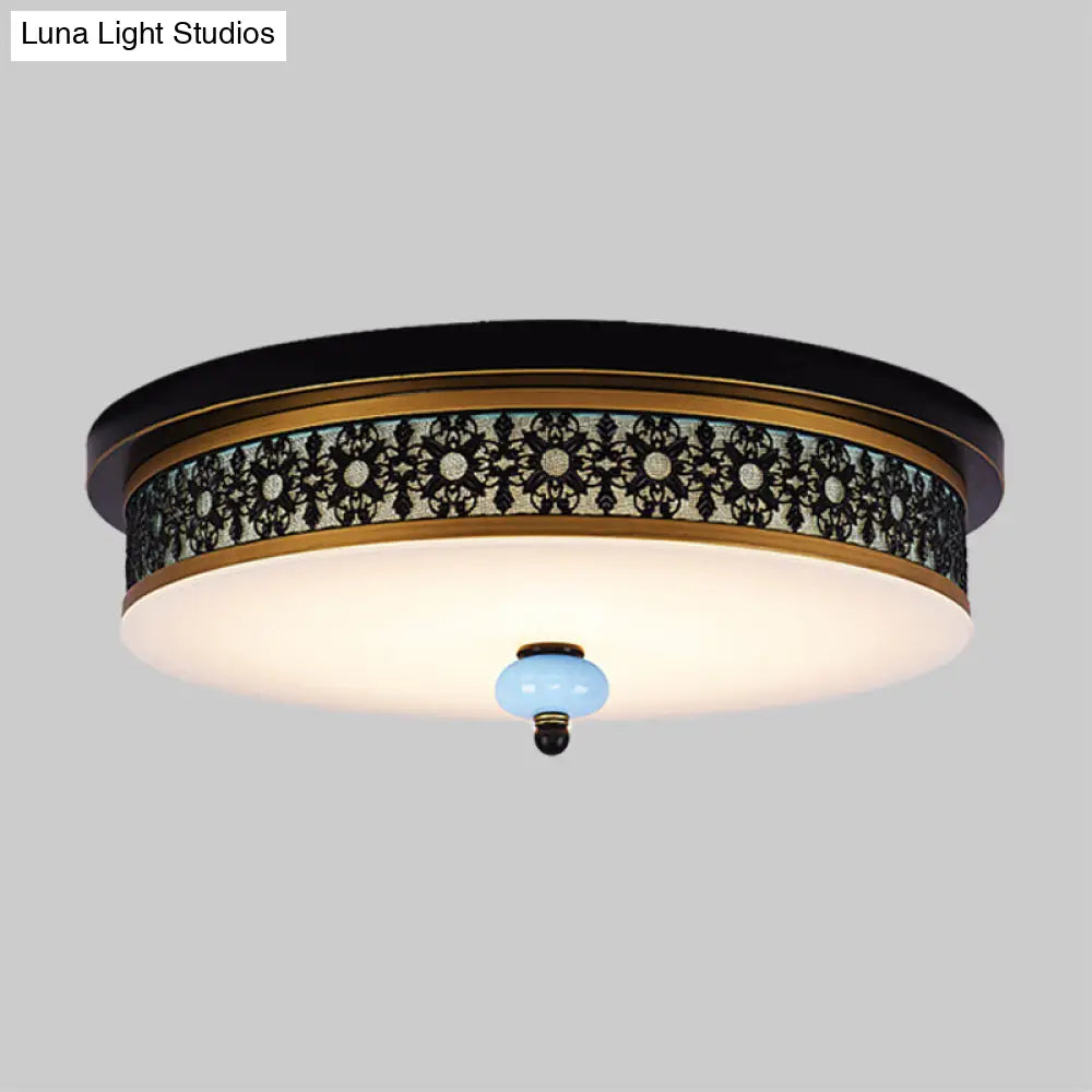 16’ - 19.5’ W Led Flush Mount Ceiling Light Fixture | Black - Gold Opal Glass Drum Dining Hall