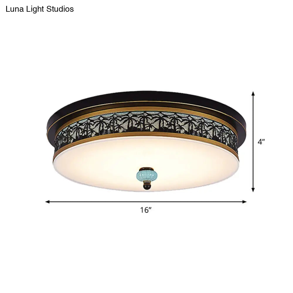 16 - 19.5 W Led Flush Mount Ceiling Light Fixture | Black-Gold Opal Glass Drum Dining Hall