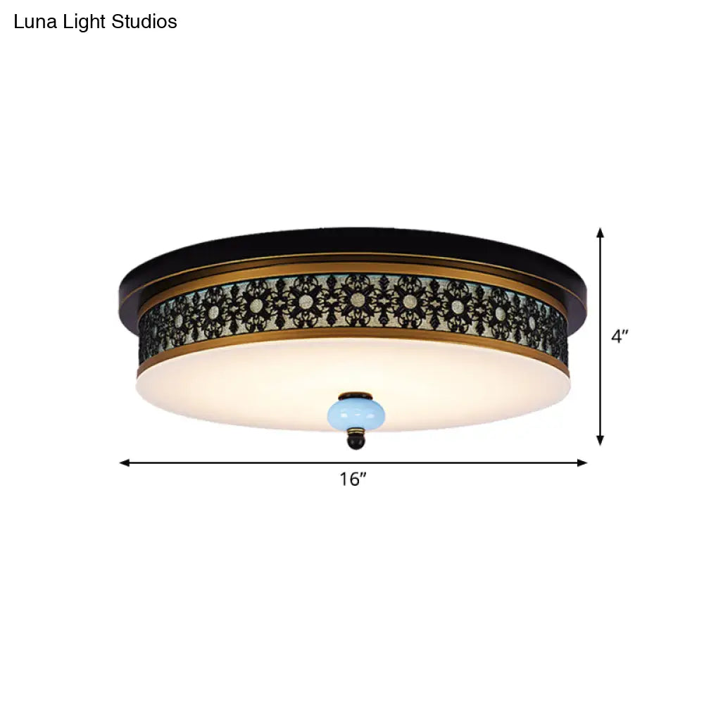 16’ - 19.5’ W Led Flush Mount Ceiling Light Fixture | Black - Gold Opal Glass Drum Dining Hall