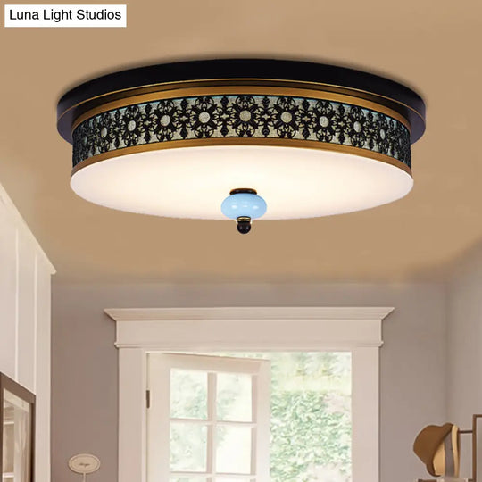 16’ - 19.5’ W Led Flush Mount Ceiling Light Fixture | Black - Gold Opal Glass Drum Dining Hall / A