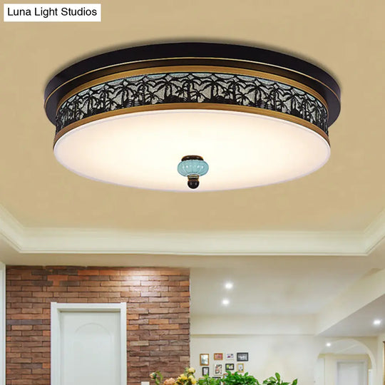 16’ - 19.5’ W Led Flush Mount Ceiling Light Fixture | Black - Gold Opal Glass Drum Dining Hall / B