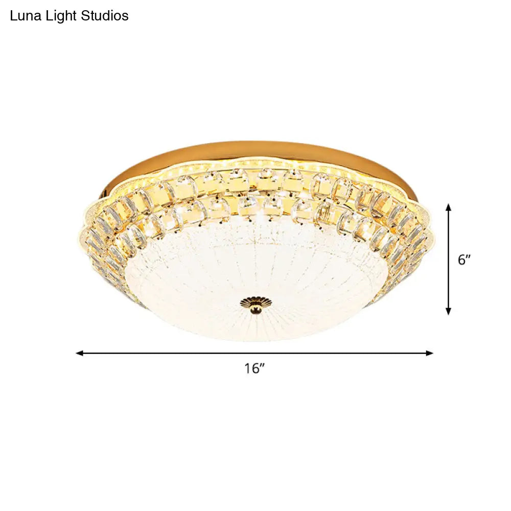 16/19.5 W Led Flush Mount Lighting With White Glass Bowl & Crystal Accent - Simple Elegant Ceiling
