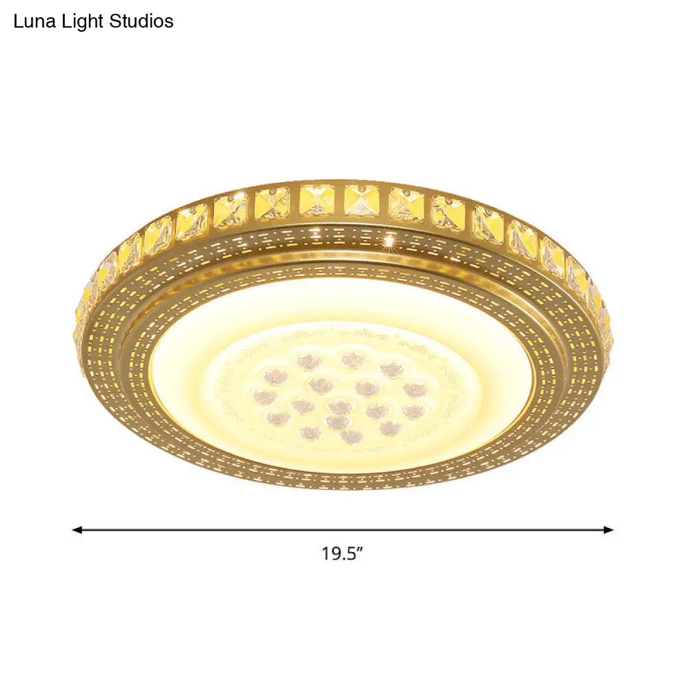 16/19.5 W Led Gold Flush Mount Light With Crystal Shade For Parlor Ceiling Lighting