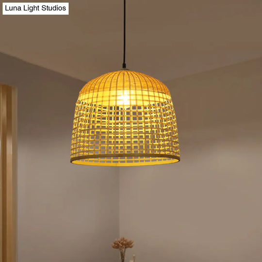 16/19.5 Wide Beige Domed Pendant Ceiling Light - Asian Style Bamboo Hanging Lamp