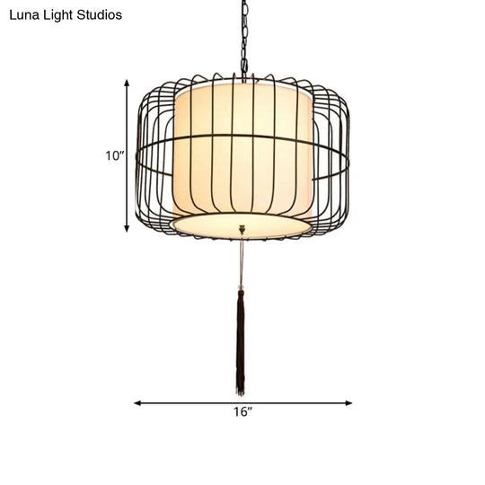 16/19.5 Wide Black Fabric Hanging Pendant Lantern - Traditional Stylish Down Lighting