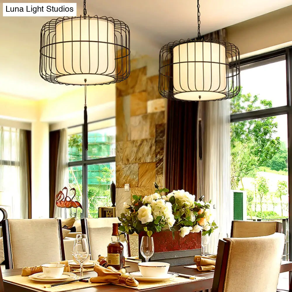 16/19.5 Wide Black Fabric Hanging Pendant Lantern - Traditional Stylish Down Lighting