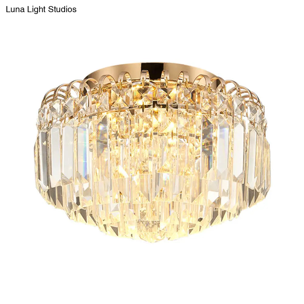 16’/19.5’ Width Crystal Prism Flush Mount Led Ceiling Fixture In Brass With Modern Round Shade