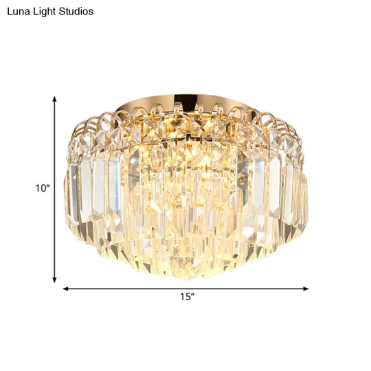 16’/19.5’ Width Crystal Prism Flush Mount Led Ceiling Fixture In Brass With Modern Round Shade