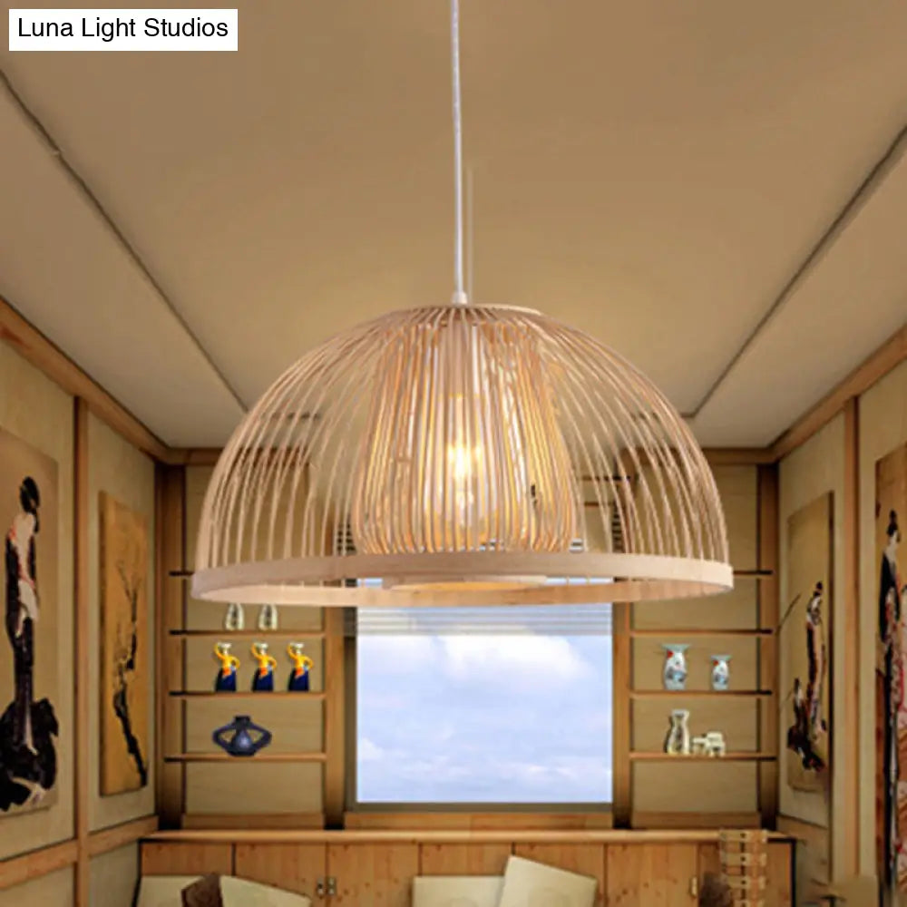 16/19 Modern Bamboo Ceiling Pendant Light - Domed Shape 1-Light Beige Hanging Lamp Kit