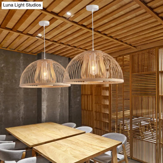 16/19 Modern Bamboo Ceiling Pendant Light - Domed Shape 1-Light Beige Hanging Lamp Kit / 16