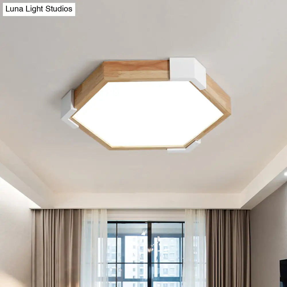 16’/20’ W Hexagon Flush Led Bedroom Lamp In White/Warm Light - Simple Wood Design