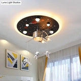 16’/22’ Wide Black Space Satellite Flush Light With 2 Lights And Resin Spacemen Sculpture