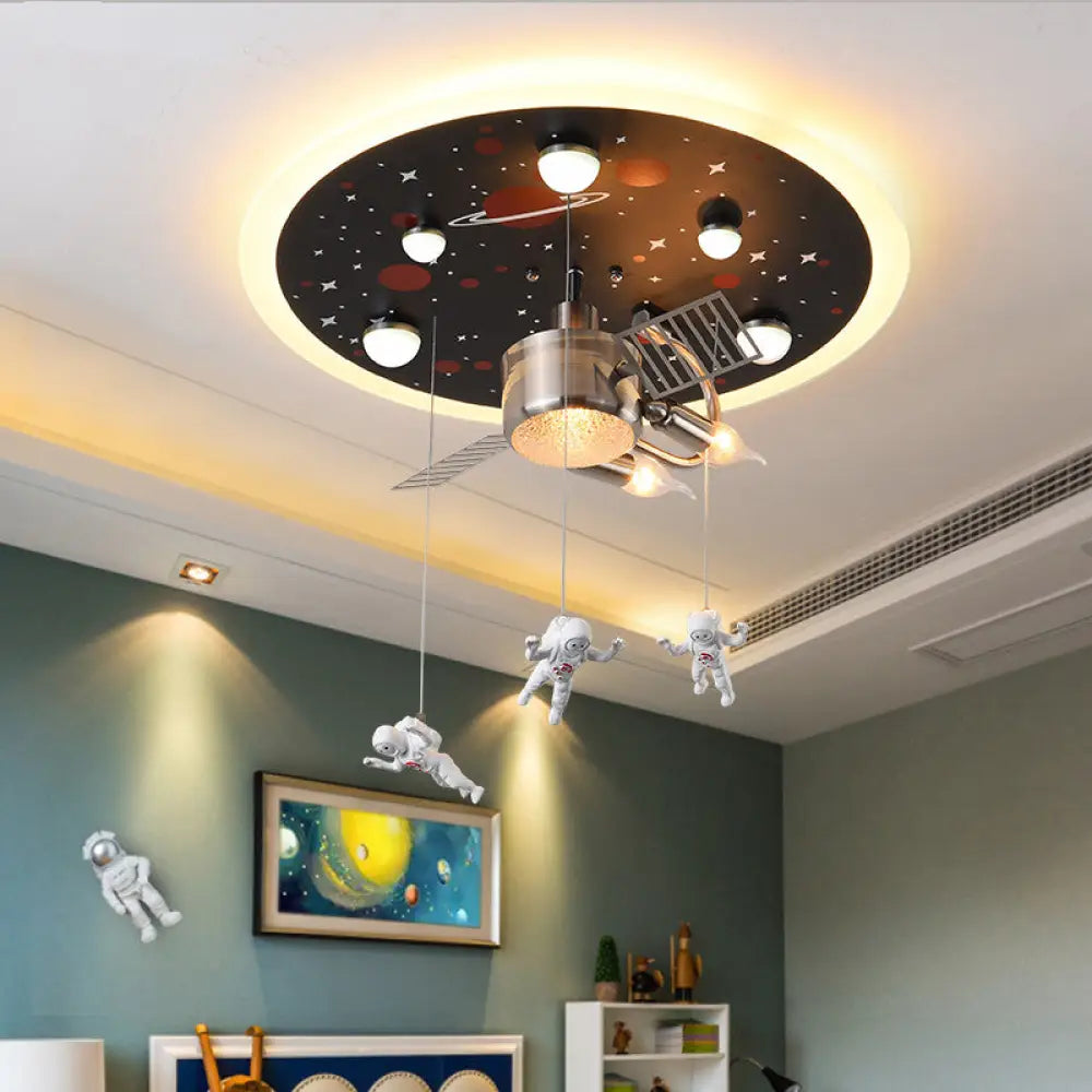 16’/22’ Wide Black Space Satellite Flush Light With 2 Lights And Resin Spacemen Sculpture