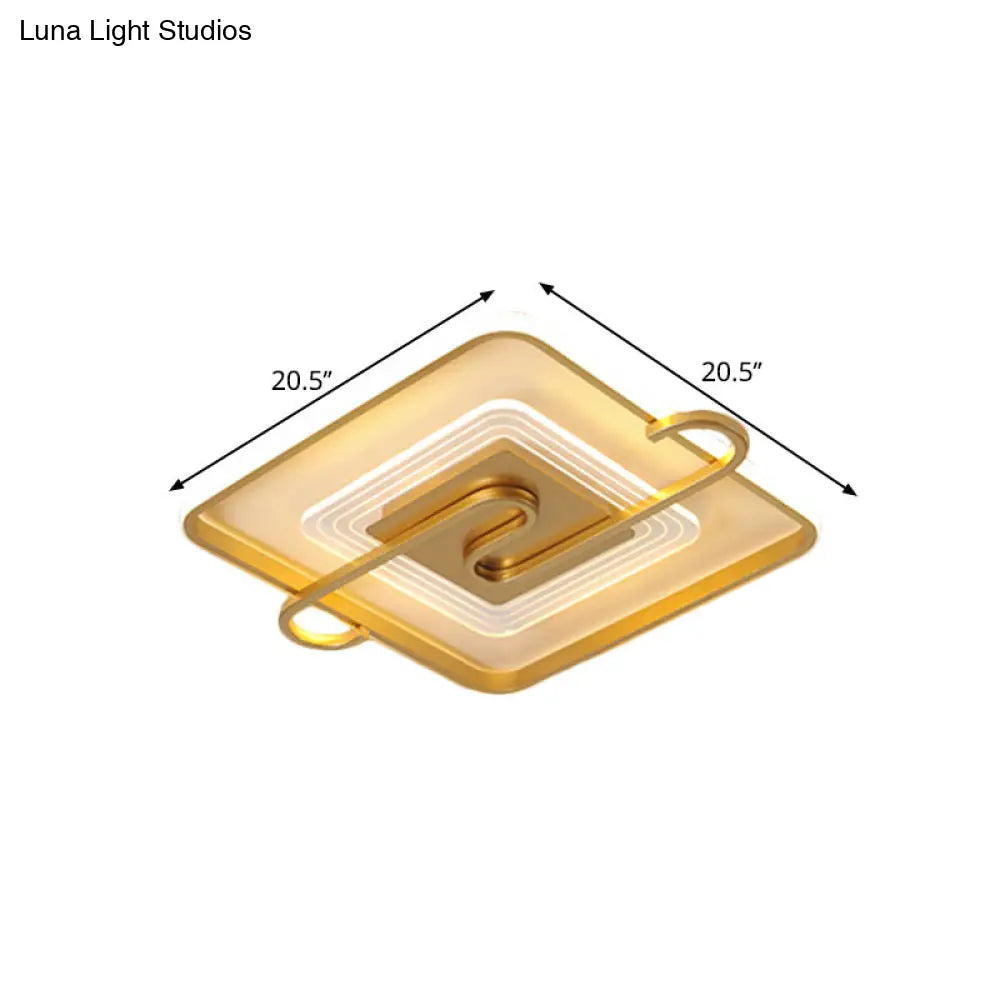 16.5/20.5 Gold Metal Led Square Parlor Flushmount: Contemporary Close To Ceiling Lamp With