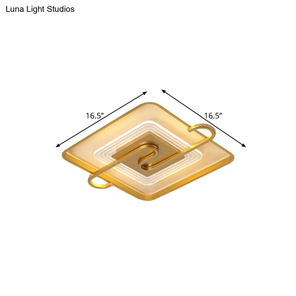 16.5/20.5 Gold Metal Led Square Parlor Flushmount: Contemporary Close To Ceiling Lamp With