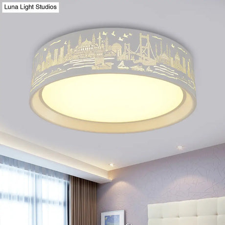 16.5’/20.5’ Modern White Carved Metal Drum Flush Lamp With Metropolis Scene - Led Ceiling Light