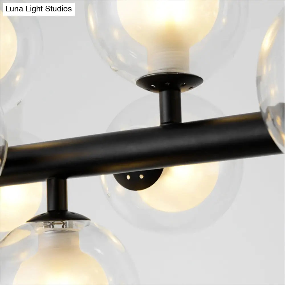 16-Light Modern Black Island Pendant - Spherical Glass Ceiling Light For Dining Table