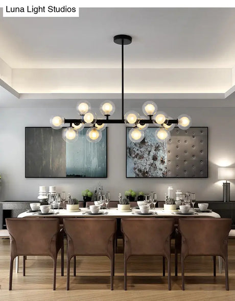 16-Light Modern Black Island Pendant - Spherical Glass Ceiling Light For Dining Table