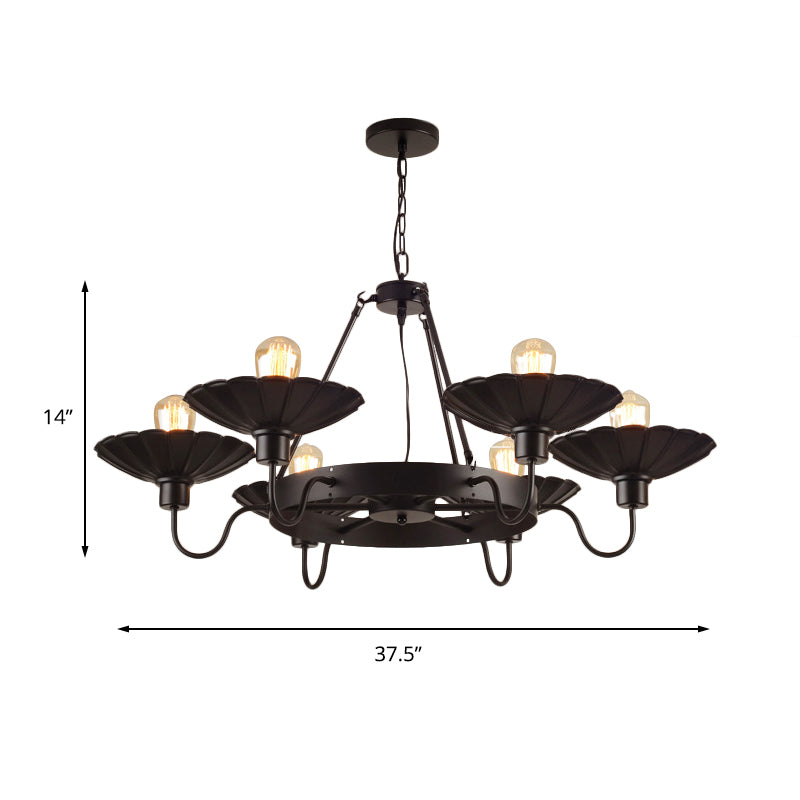 Vintage Style Restaurant Chandelier - 6 Head Down/Up Light With Scalloped Shade In Black