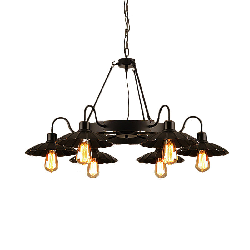 Vintage Style Restaurant Chandelier - 6 Head Down/Up Light With Scalloped Shade In Black