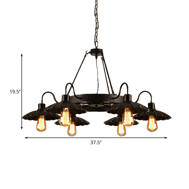 Vintage Style Restaurant Chandelier - 6 Head Down/Up Light With Scalloped Shade In Black