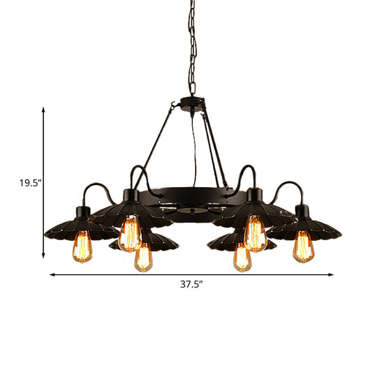 Vintage Style Restaurant Chandelier - 6 Head Down/Up Light With Scalloped Shade In Black