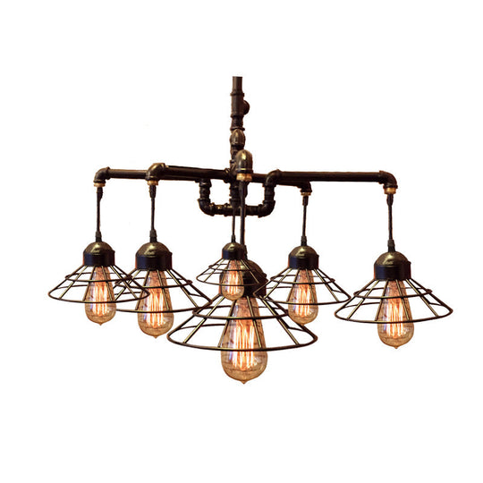 Farmhouse Style Metal Chandelier: 6-Light Black Pendant Lamp With Cone Cage Shade For Dining Room