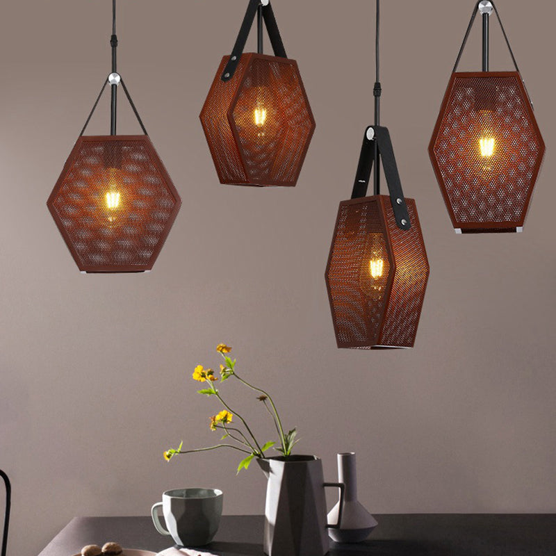 Vintage Metal Hanging Ceiling Lamp In Brown - Head Pendant Lighting With Pentagon Mesh Screen