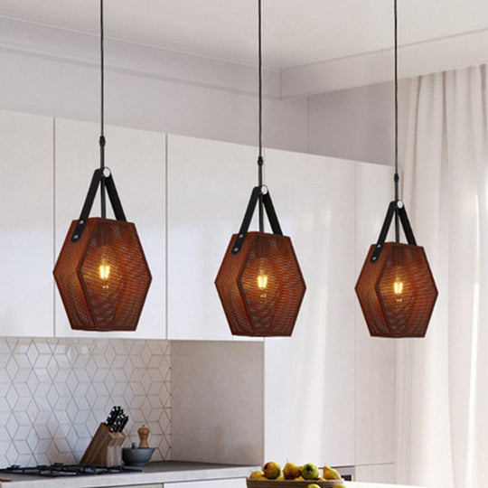 Vintage Metal Hanging Ceiling Lamp In Brown - Head Pendant Lighting With Pentagon Mesh Screen