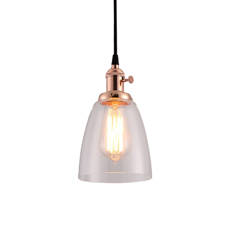Industrial 1 Bulb Hanging Pendant Lamp With Clear Glass Bell Shade And Bronze/Brass/Copper Top For