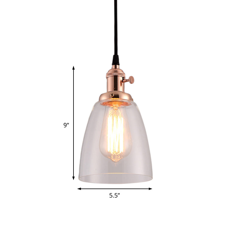 Industrial 1 Bulb Hanging Pendant Lamp With Clear Glass Bell Shade And Bronze/Brass/Copper Top For