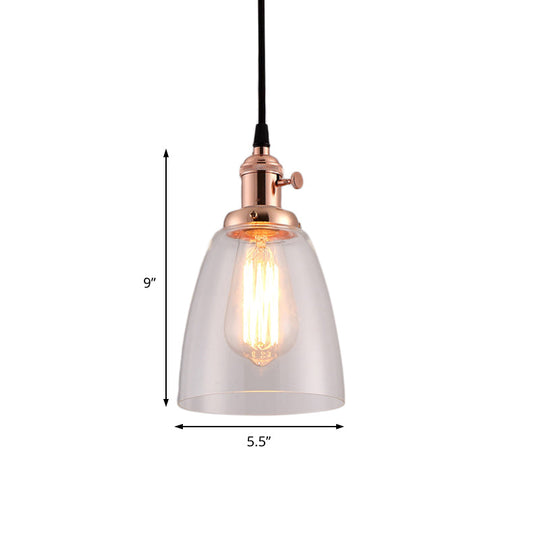 Industrial 1 Bulb Hanging Pendant Lamp With Clear Glass Bell Shade And Bronze/Brass/Copper Top For