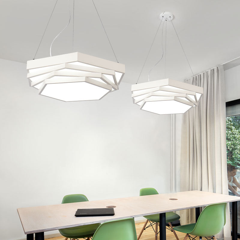 Hexagonal Metal Pendant Light - Contemporary Led Hanging Lamp For Dining Room. Available In Black Or